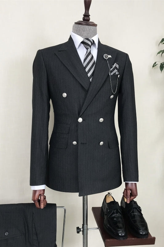 Formal Striped Peaked Lapel Double Breasted Black Wedding Suits