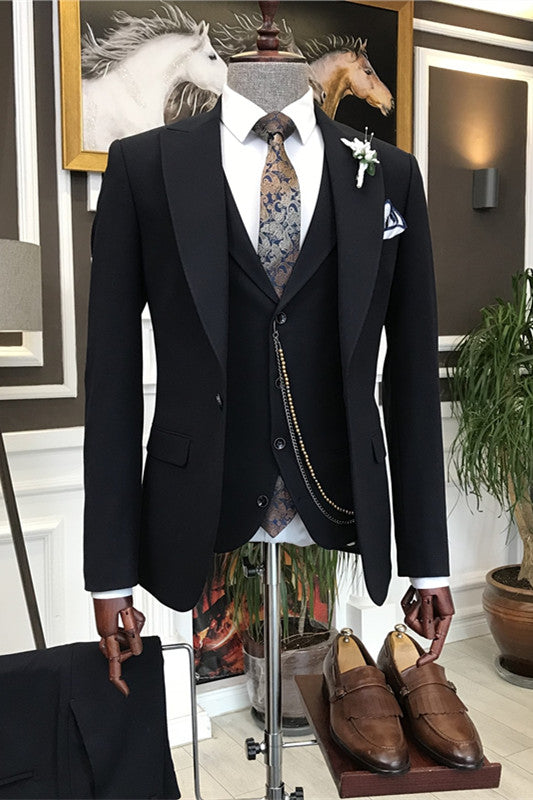 Formal Three Pieces Peaked Lapel Men Black Wedding Suits