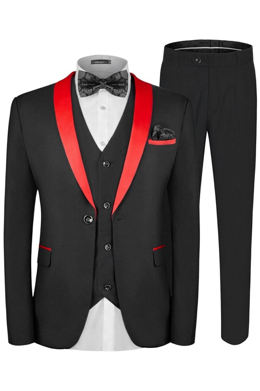 Formal Three Pieces Black Wedding Suits With Red Shawl Lapel