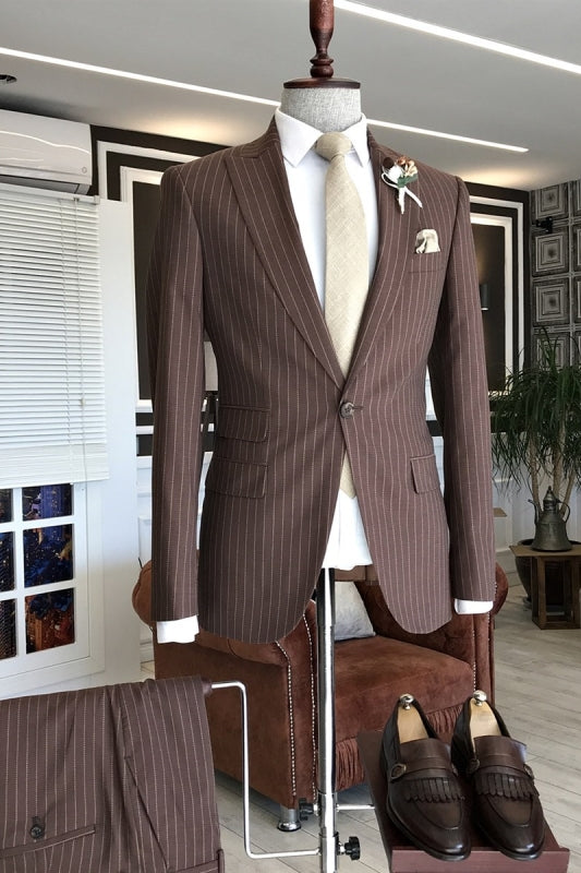 Formal Peaked Lapel Two Pieces Striped Brown Prom Suits
