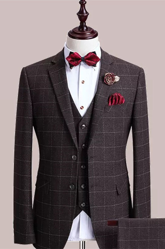 Formal Brown Plaid Three Pieces Men Suits For Business