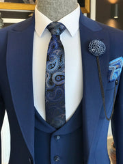 Formal Dark Blue Three Pieces Peaked Lapel Business Men Suits