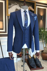 Formal Dark Blue Three Pieces Peaked Lapel Business Men Suits