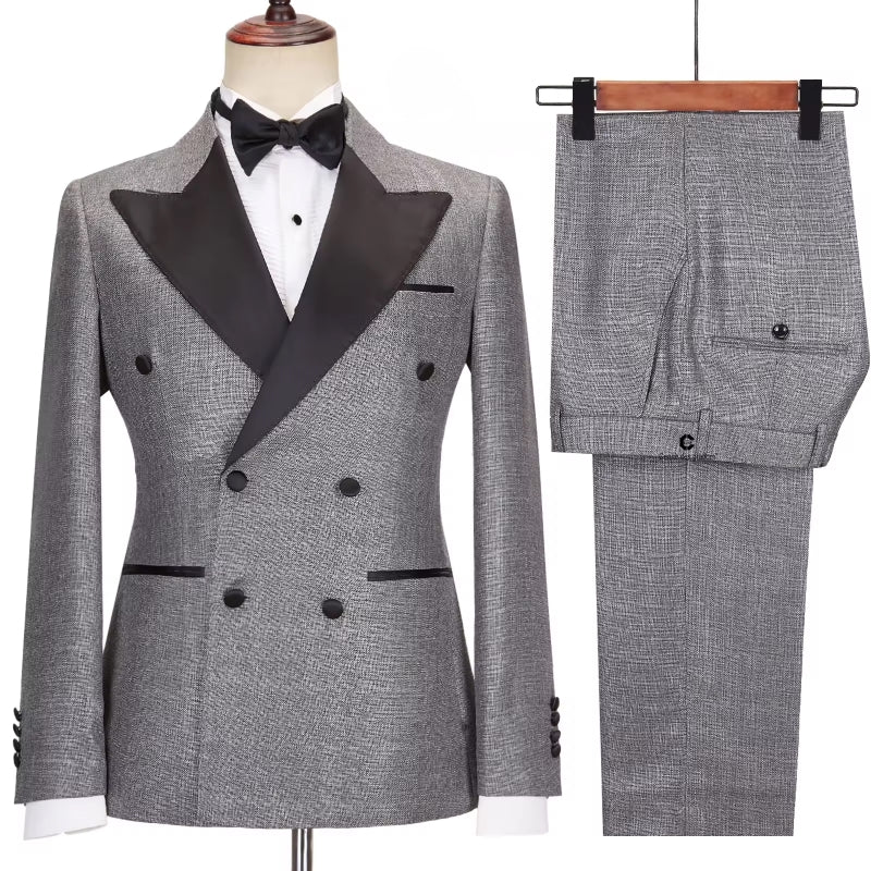 Formal Dark Peaked Lapel Double Breasted Gray Business Suits