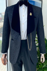 Formal Jacquard Dark Navy Wedding Suits With Black Lapel