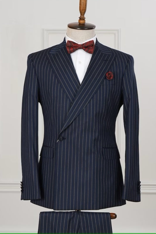 Formal Peaked Lapel Striped Bespoke Dark Navy Business Suits