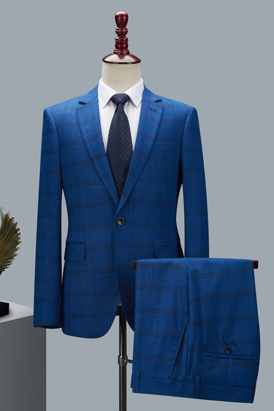 Formal Deep Blue Plaid Notched Lapel Two Pieces Wedding Men Suits