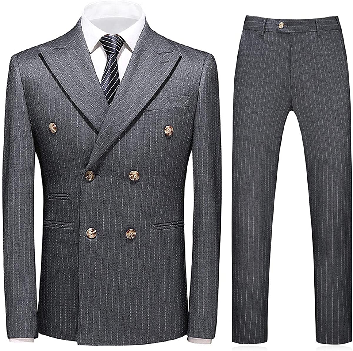 Formal Deep Gray Double Breasted Peaked Lapel Striped Men Suits For Business