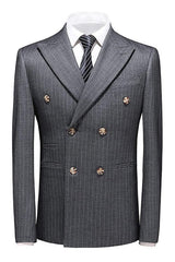 Formal Deep Gray Double Breasted Peaked Lapel Striped Men Suits For Business