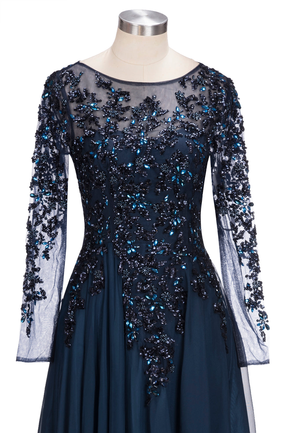 formal dresses with sheer sleeves Dark Navy A-Line Jewel Tulle Prom Dress with Sleeves