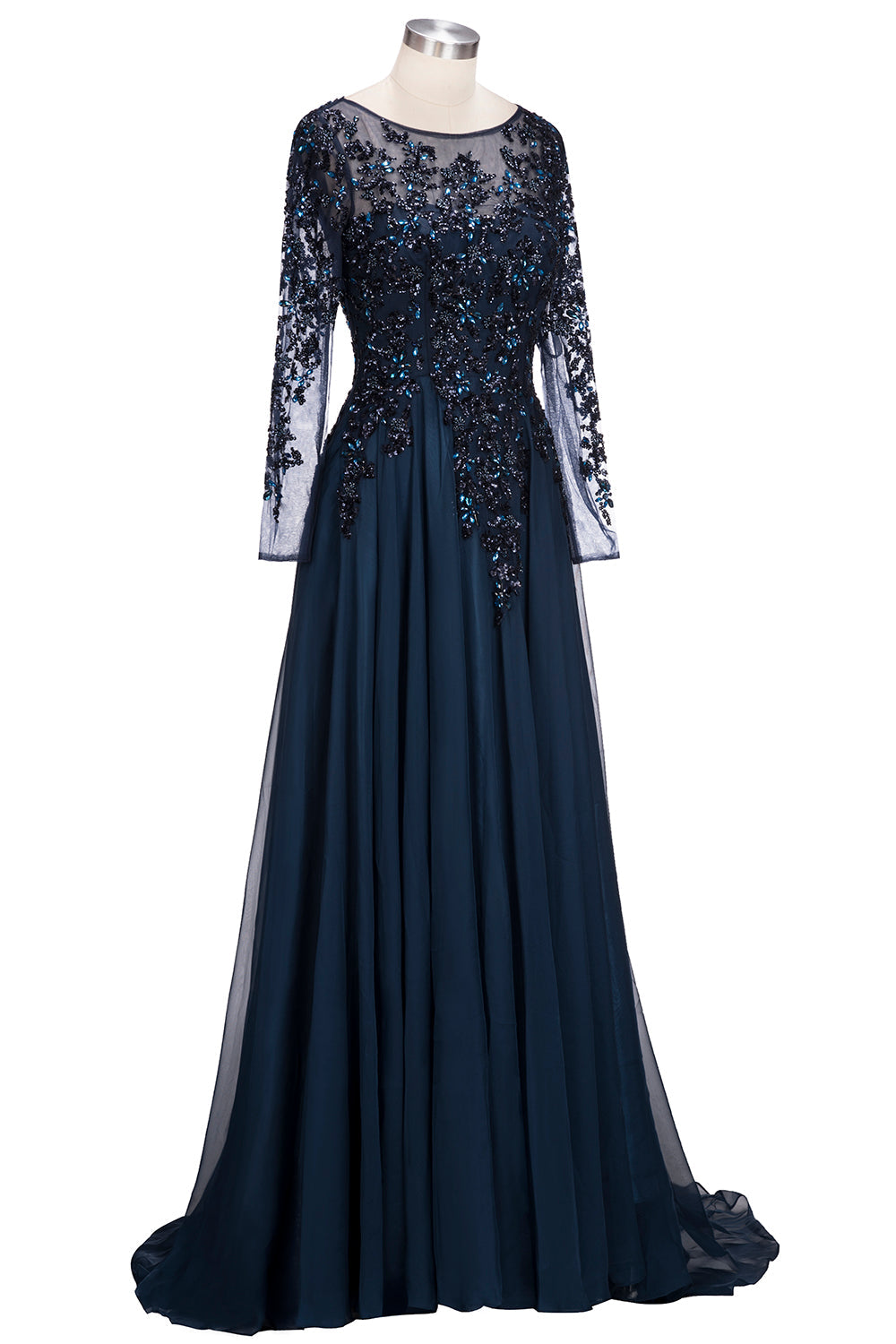 27dress navy blue prom dress with floral lace and long sleeves formal evening dresses