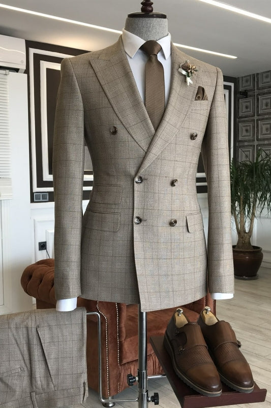 Formal Light Plaid Peaked Lapel Double Breasted Brown Business Suits