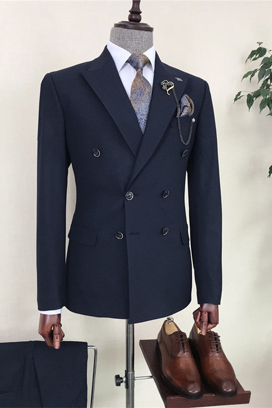 Formal Double Breasted Peaked Lapel Navy Blue Business Suits For Men