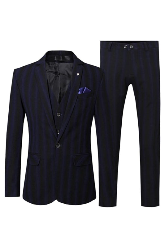 Formal Notched Lapel Three Pieces Striped Navy Blue Business Suits