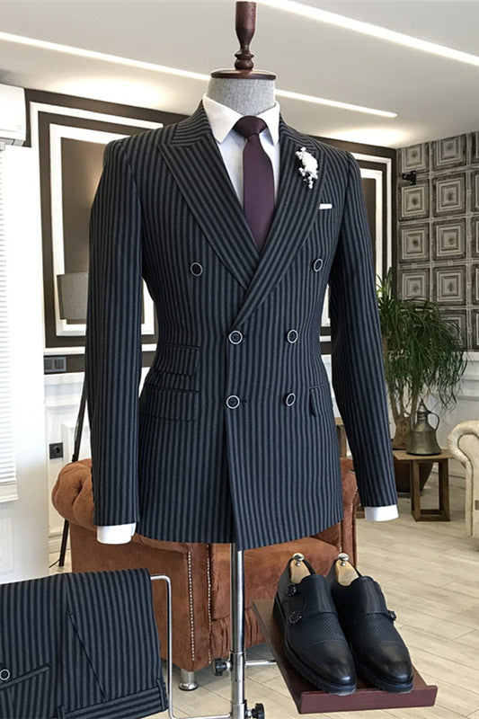 Formal Peaked Lapel Double Breasted Striped Navy Blue Business Suits