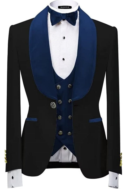 Formal Shawl Lapel Three Pieces Velvet Navy Blue Wedding Suits