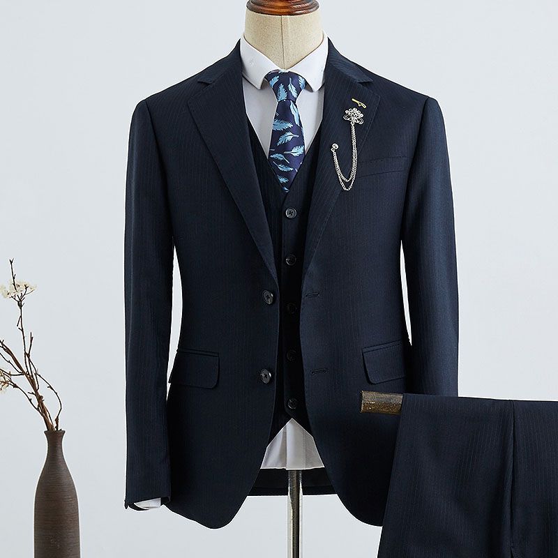 Formal Navy Blue Striped 3 Pieces Slim Fit Custom Menswear