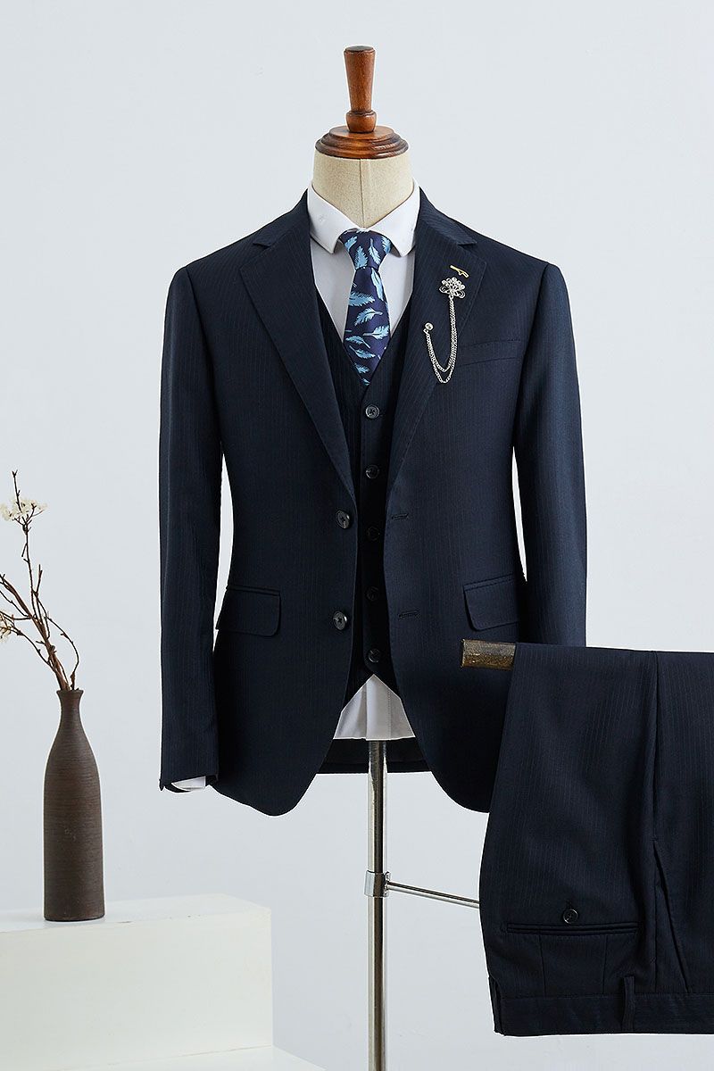 Formal Navy Blue Striped 3 Pieces Slim Fit Custom Menswear