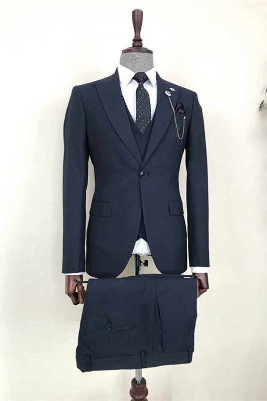 Formal Navy Blue Three Pieces Peaked Lapel Business Men Suits