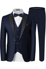 Formal Three Pieces Peaked Lapel Navy Blue Wedding Suits For Men