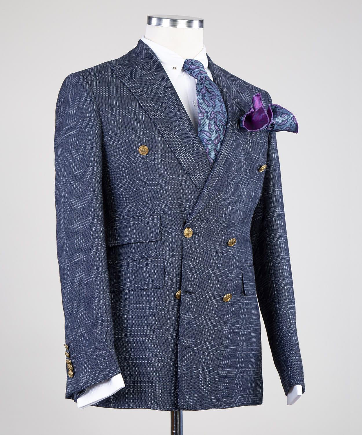 Formal Double Breasted Plaid Peaked Lapel Navy Business Suits