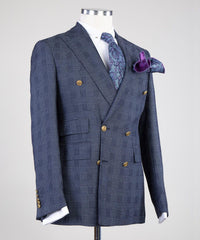 Formal Double Breasted Plaid Peaked Lapel Navy Business Suits