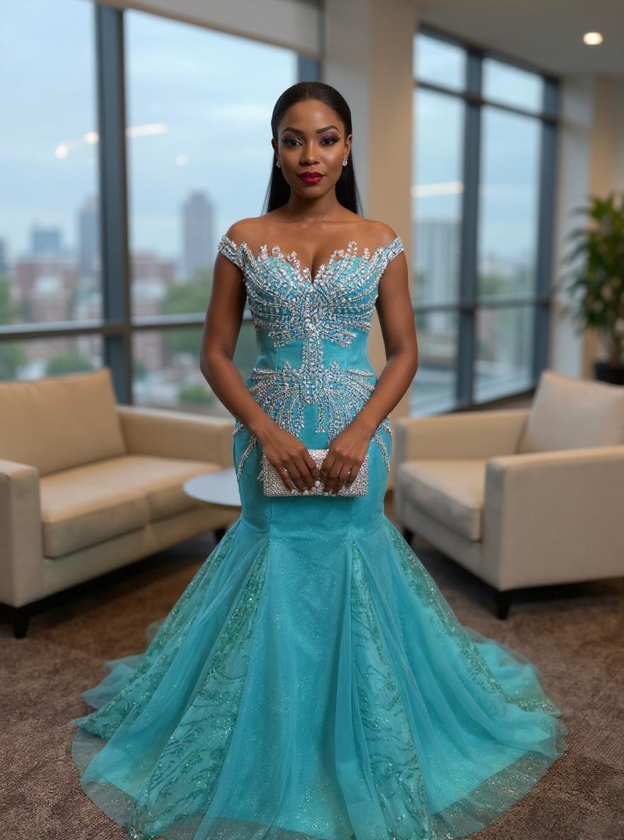 27DRESS Formal Off-the-Shoulder Mermaid Evening Dresses with Beading