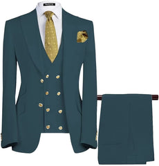 Formal Teal Peaked Lapel Three Pieces Men Suits For Business