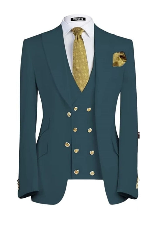Formal Teal Peaked Lapel Three Pieces Men Suits For Business
