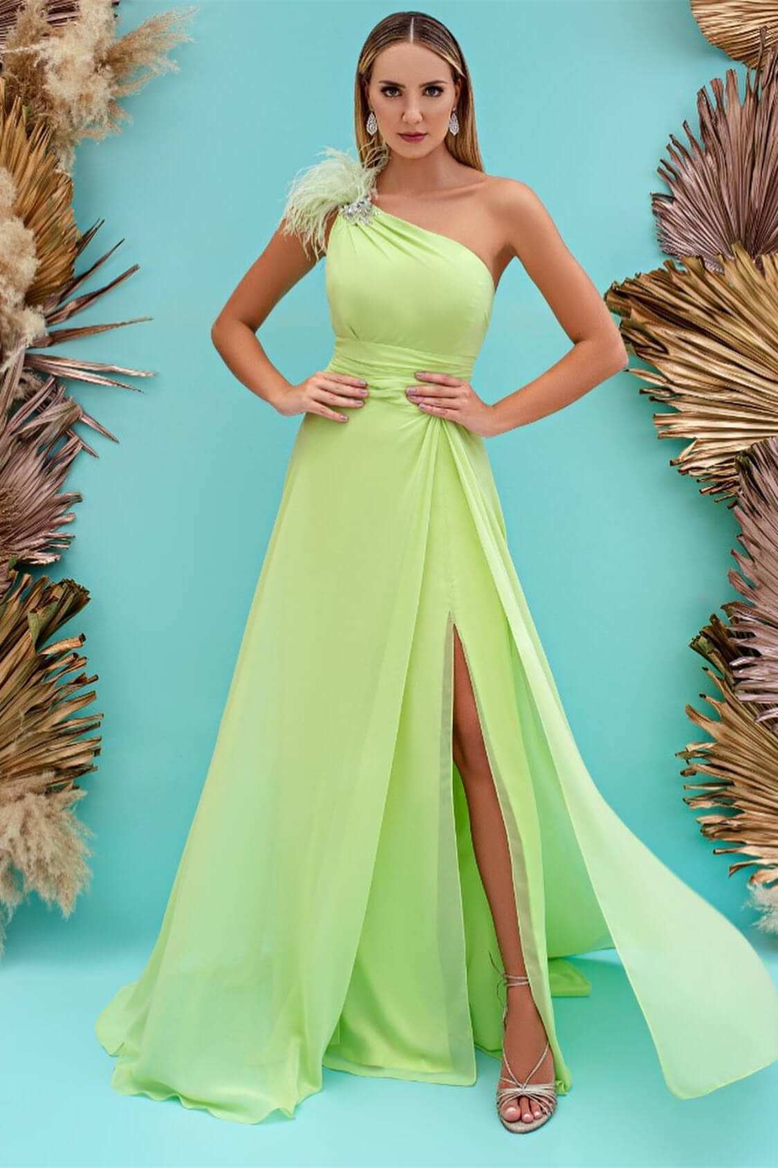 Front Split Mermaid One Shoulder Long Prom Dress With Feather Light Green