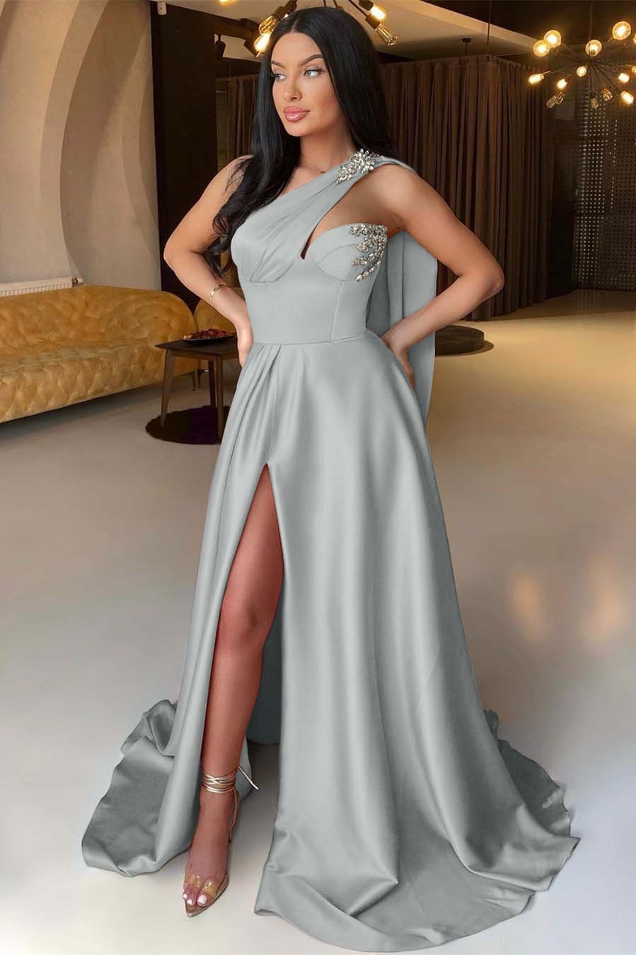 Front Split One Shoulder Sleeveless Mermaid Prom Dress With Beadings Online