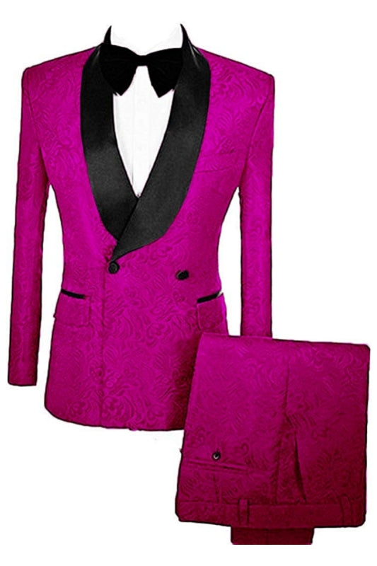 Fuchsia Double Breasted Jacquard Close Fitting Wedding Suits With Velvet Lapel