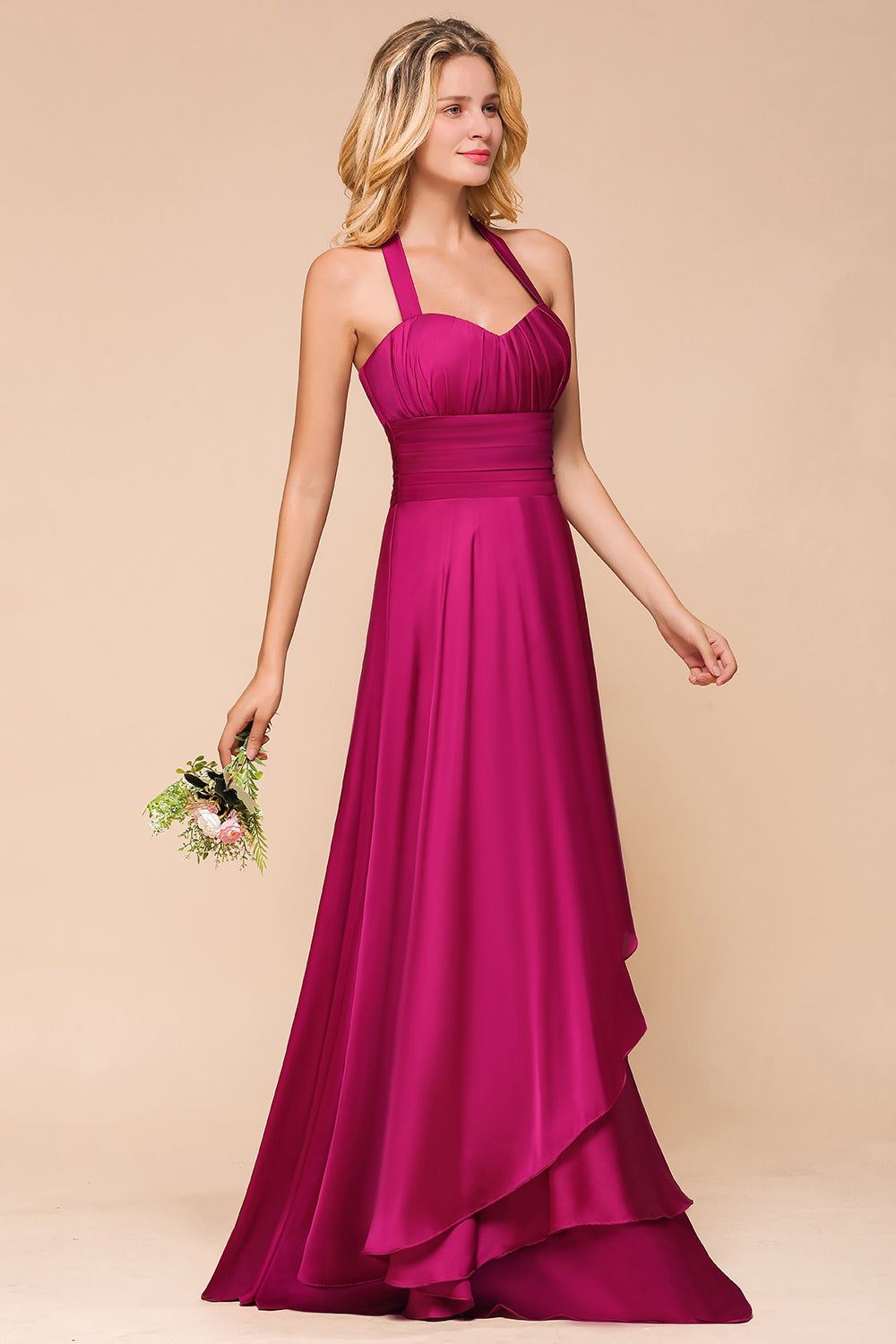 Load image into Gallery viewer, Fuchsia Halter Chiffon Bridesmaid Dresses Long Online-27dress
