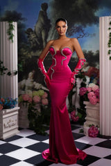 Fuchsia Prom Dress Mermaid Half Sleeves Strapless Gown With Gloves