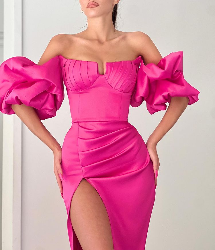 Fuchsia Strapless Off the Shoulder Mermaid Puff Sleeves Evening Dress With Split