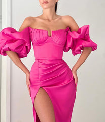 Fuchsia Strapless Off the Shoulder Mermaid Puff Sleeves Evening Dress With Split