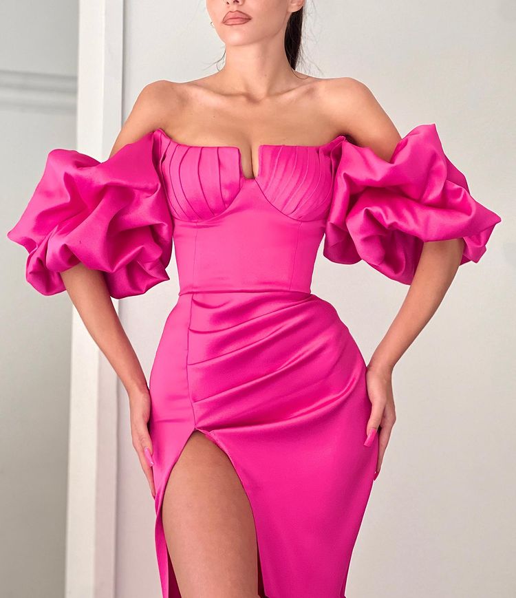 Fuchsia Strapless Off the Shoulder Mermaid Puff Sleeves Evening Dress With Split