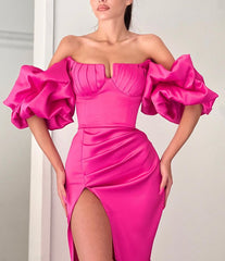 Fuchsia Strapless Off the Shoulder Mermaid Puff Sleeves Evening Dress With Split