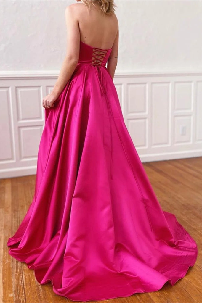 Fuchsia Strapless Sleeveless A Line Long Prom Dress With Pockets Side Split