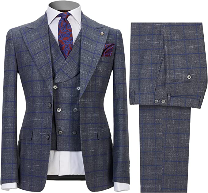 Gary Peaked Lapel Close Fitting Three Pieces Plaid Men Suits For Business