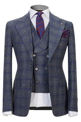 Gary Peaked Lapel Close Fitting Three Pieces Plaid Men Suits For Business
