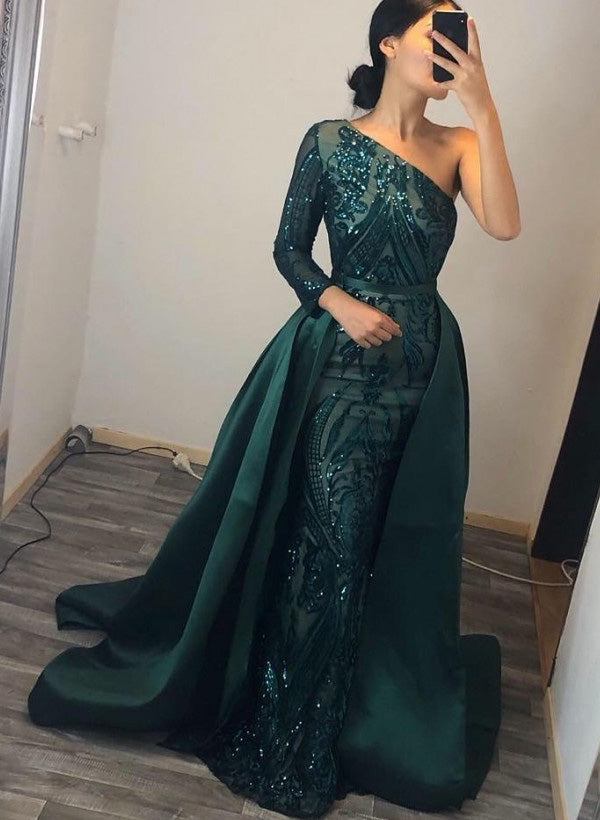 Load image into Gallery viewer, Glam Up in Style with One-Shoulder Long Sleeves Sequined Lace Prom Dresses-27dress
