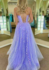 Glamorous A-line V Neck Spaghetti Straps Prom Dress with Sweep Train and Appliqued Glitter-27dress
