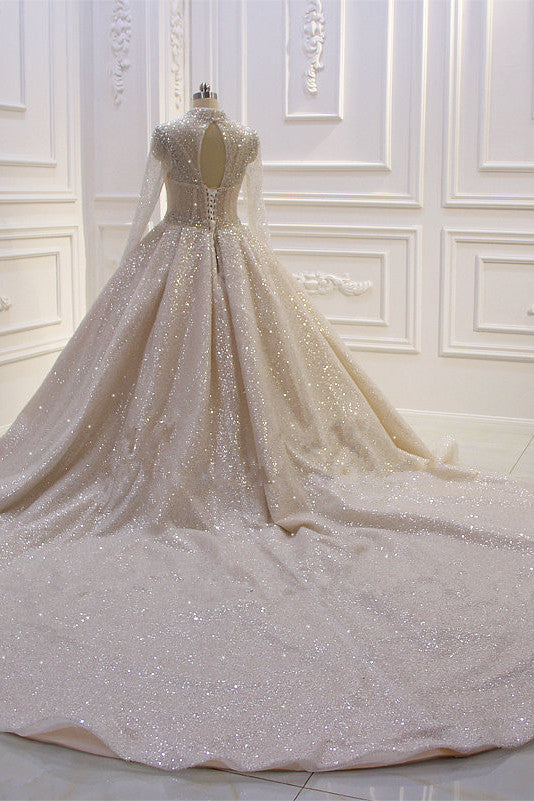 Glamorous Ball Gown High Neck Wedding Dress Long Sleeves Sparkly Sequined Beading Bridal Gowns On Sale-27dress