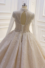 Glamorous Ball Gown High Neck Wedding Dress Long Sleeves Sparkly Sequined Beading Bridal Gowns On Sale-27dress