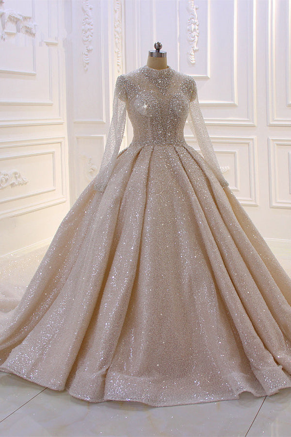 Glamorous Ball Gown High Neck Wedding Dress Long Sleeves Sparkly Sequined Beading Bridal Gowns On Sale-27dress