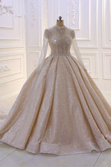 Glamorous Ball Gown High Neck Wedding Dress Long Sleeves Sparkly Sequined Beading Bridal Gowns On Sale-27dress