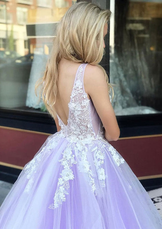 Glamorous Ball Gown Sleeveless Long Tulle Prom Dress with Appliques-27dress