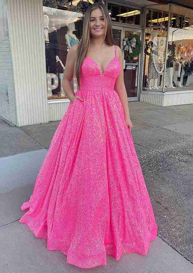 Glamorous Ball Gown Sleeveless V Neck Long/Floor-Length Sequined Sparkling Prom Dress With Pleated-27dress
