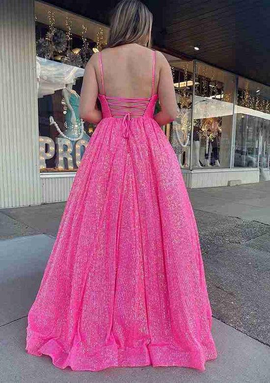 Glamorous Ball Gown Sleeveless V Neck Long/Floor-Length Sequined Sparkling Prom Dress With Pleated-27dress